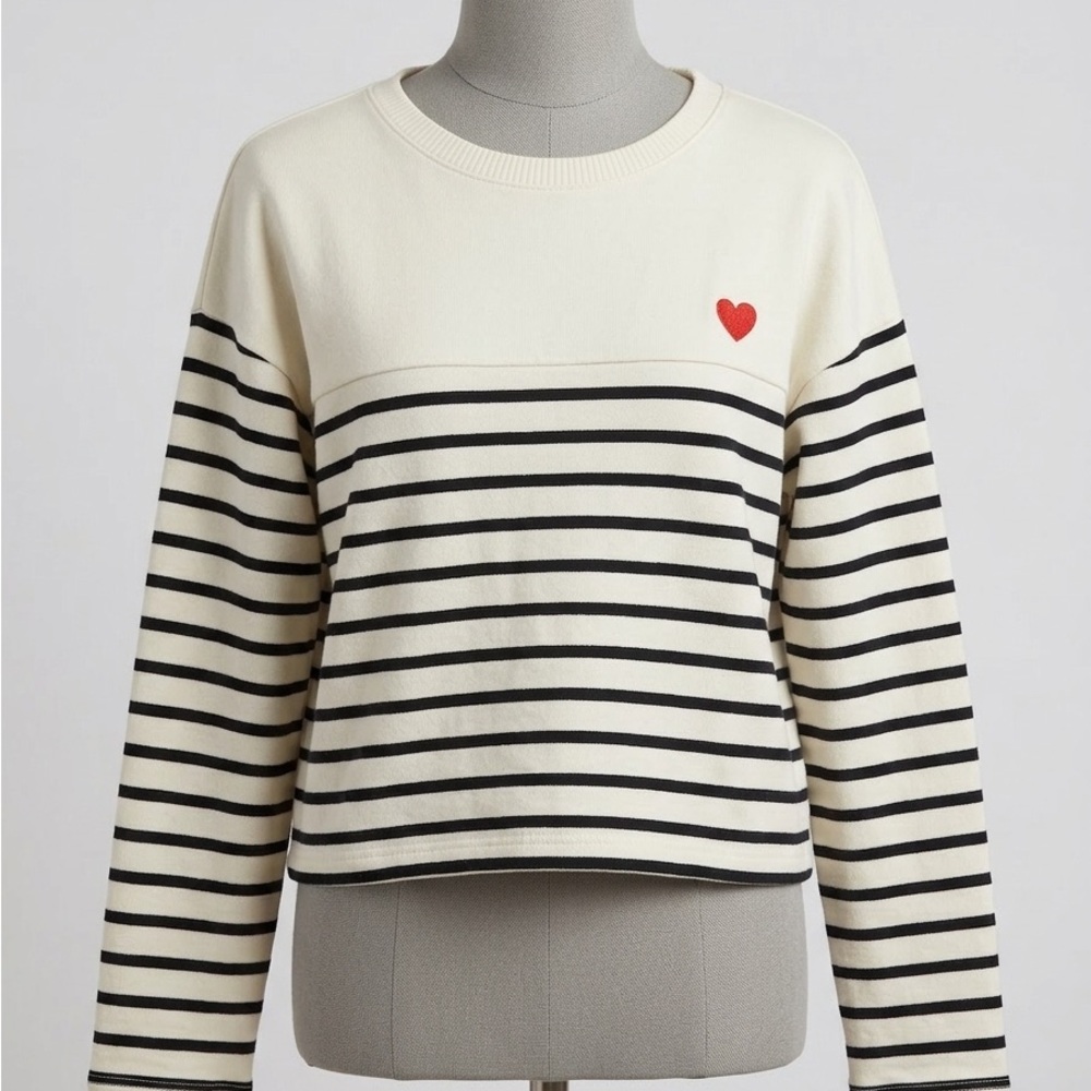 Workshop Republic Clothing Cream & Black Striped Crew Sweater with Red Heart